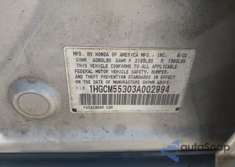 2003 Honda Accord 2.4 Lx from USA, damaged, VIN 1HGCM55303A002994